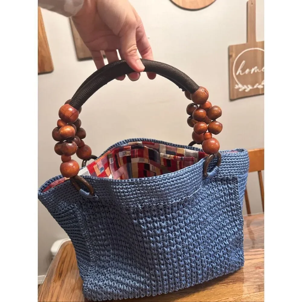 Blue Brown Wooden Bead Crochet Knit Lined Purse Tote‎ Handbag One Size